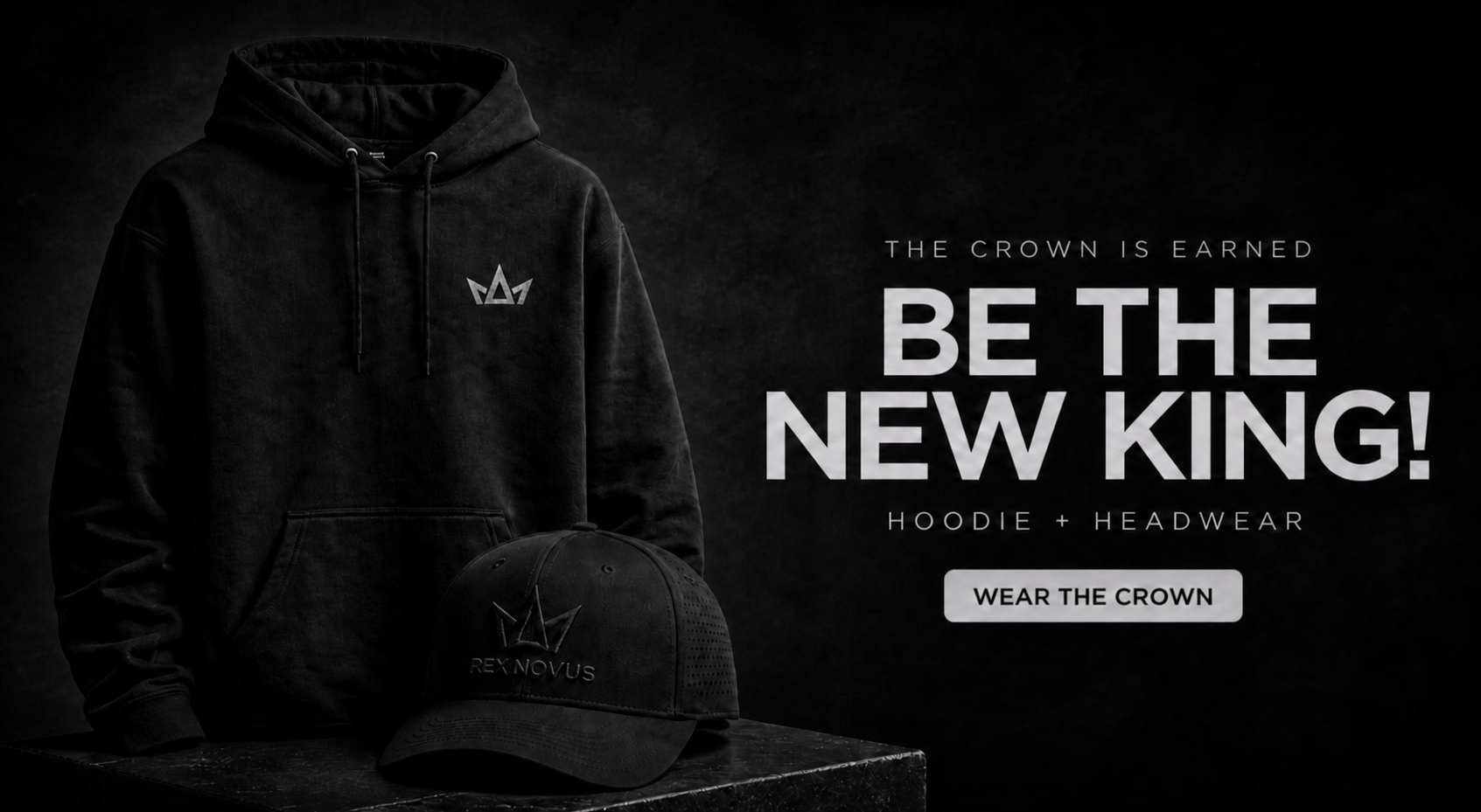 Rex Novus hoodie and cap with a left-crest crown